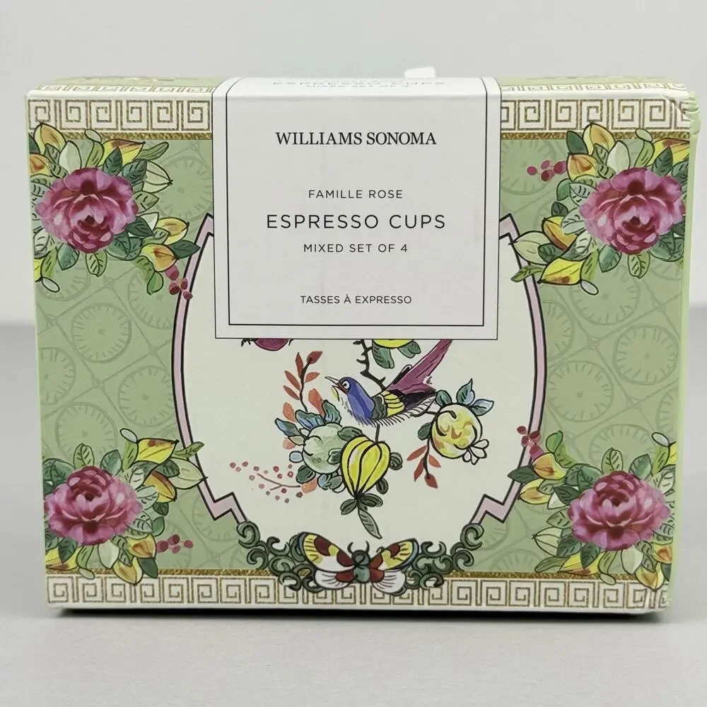 Williams Sonoma Famille Rose Espresso Cups Mixed Set Of 4 Pink Green Floral NIB